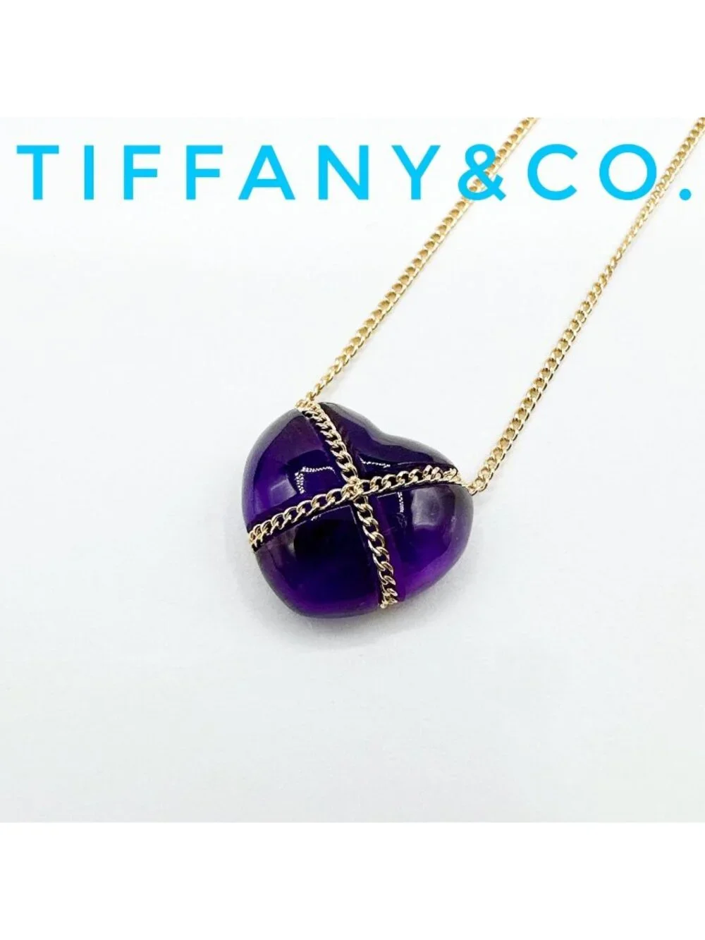 Tiffany & Co Chain Cross Heart Amethyst Yellow Gold Necklace 43